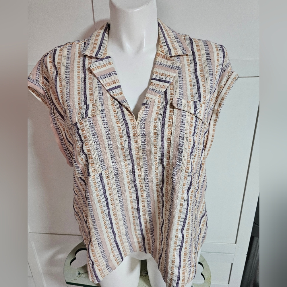 Anthropologie Cropped Utility Pullover Blouse Cotton Blend Tan Purple Pink Sz 2X
